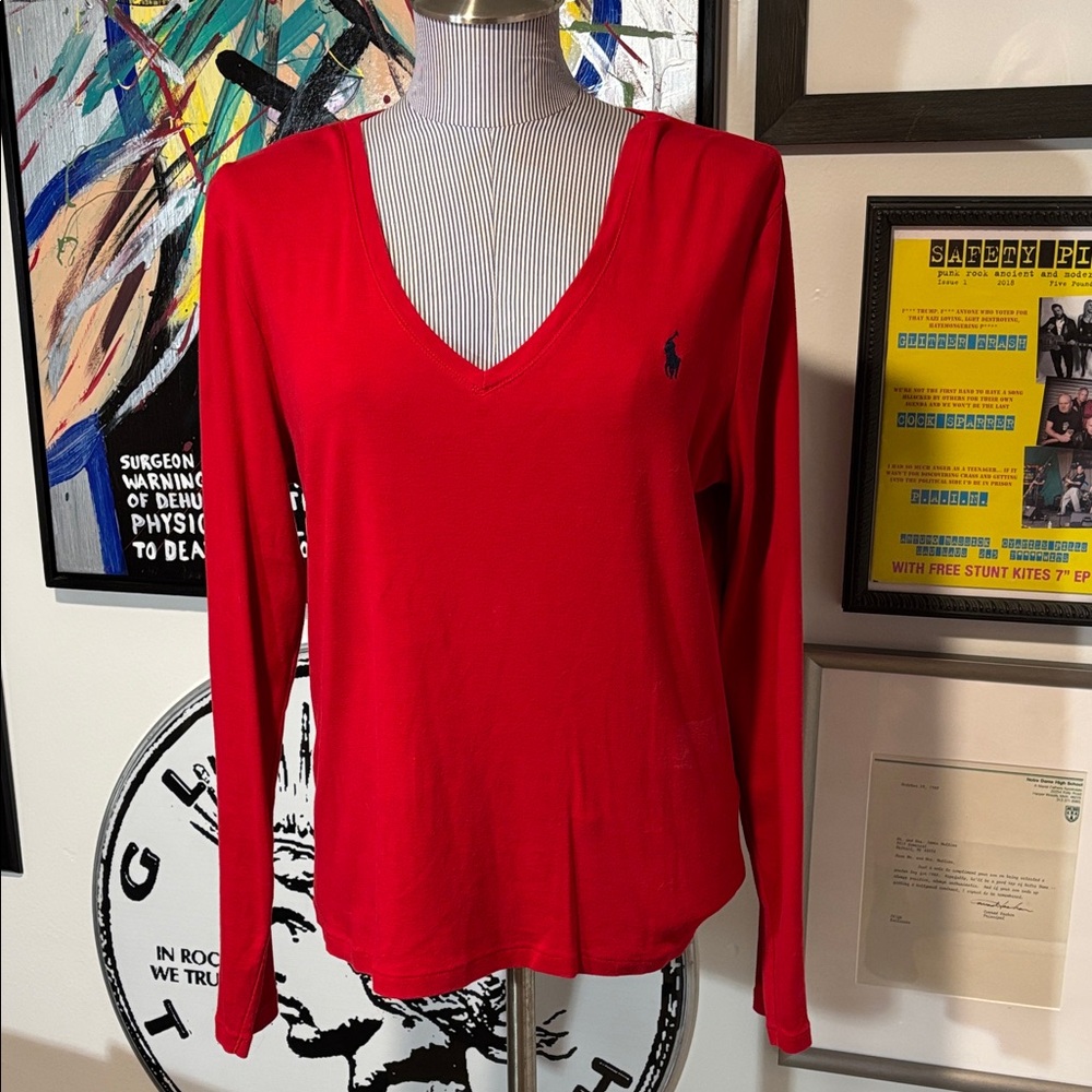 Ralph Lauren Red V-Neck Long Sleeve Tee XL
